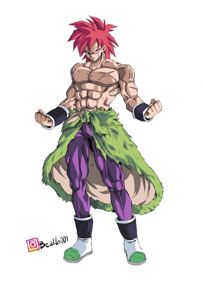 1boy absurdres beatlo_(rodrigo38658978) broly_(dragon_ball_super) clenched_hands dragon_ball dragon_ball_super dragon_ball_super_broly highres male_focus muscular muscular_male pants purple_pants red_eyes red_hair scar scar_on_face short_hair simple_background solo super_saiyan super_saiyan_god topless_male white_background