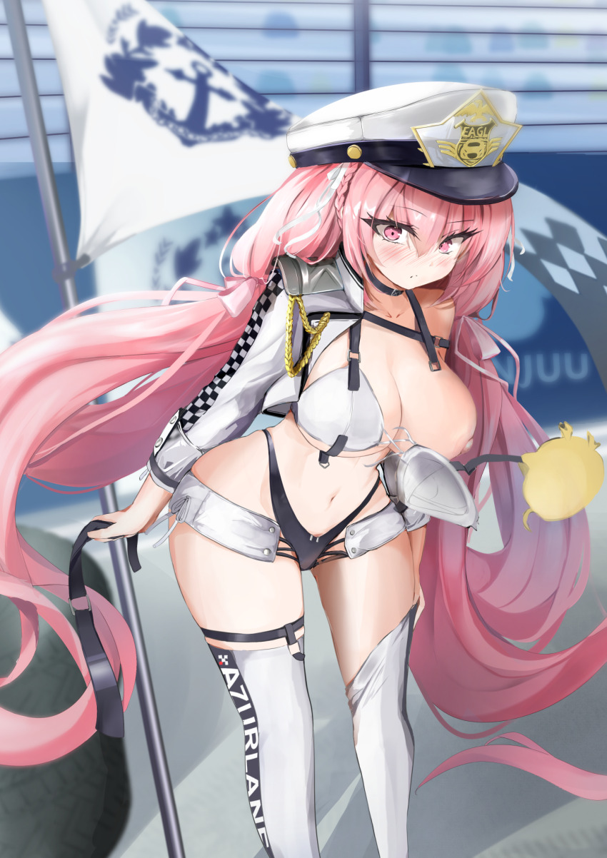 1girl asymmetrical_legwear azur_lane baltimore_(azur_lane) baltimore_(azur_lane)_(cosplay) baltimore_(finish_line_flagbearer)_(azur_lane) bikini breast_slip breasts bursting_breasts choker cleavage commentary_request cosplay flag hat highleg highres jacket large_breasts long_hair long_sleeves manjuu_(azur_lane) navel nipples one_breast_out outdoors peaked_cap perseus_(azur_lane) pink_eyes pink_hair race_flag race_queen shorts strap_break swimsuit taisanai thighhighs twintails unused_tire very_long_hair wardrobe_malfunction white_thighhighs