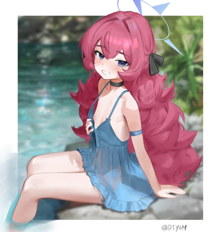 1girl alternate_costume arm_strap arm_support black_choker black_ribbon blue_archive blue_dress blue_halo blurry blurry_background blush border breasts choker commentary d5y0m dated_commentary double-parted_bangs dress feet_out_of_frame flashing fluffy_hair from_side grey_eyes grin hair_between_eyes hair_ribbon halo highres iroha_(blue_archive) loli long_hair looking_at_viewer nipples outdoors outside_border red_hair ribbon sitting sleeveless sleeveless_dress small_breasts smile soaking_feet solo twitter_username very_long_hair water white_border