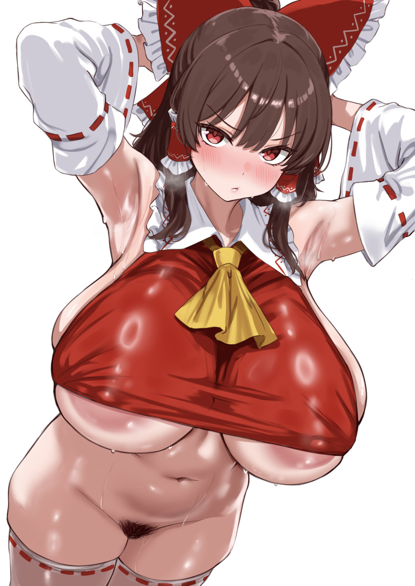1girl absurdres areola_slip armpits arms_up ascot bare_shoulders blush bow breasts brown_hair commentary covered_erect_nipples crop_top cropped_shirt detached_sleeves female_pubic_hair hair_bow hair_tubes hakurei_reimu highres huge_breasts john_zhang large_areolae looking_at_viewer medium_hair navel no_panties pubic_hair red_bow red_eyes red_shirt revision ring_light_reflection shirt sidelocks solo thighhighs touhou variant_set white_thighhighs