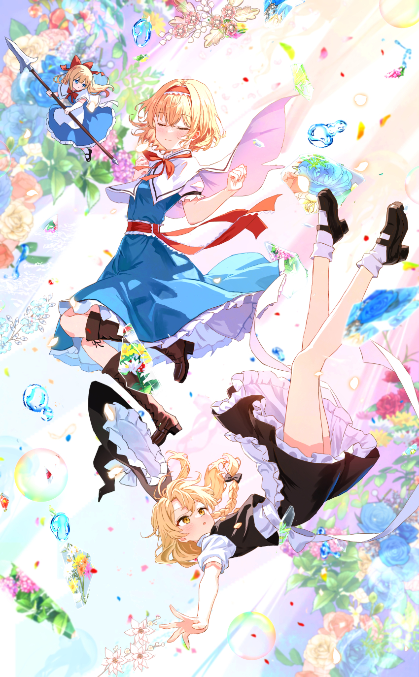 2girls absurdres alice_margatroid apron back_bow black_hat black_skirt black_vest blonde_hair blue_dress blue_flower blue_rose blush boots bow braid broken_glass brown_boots capelet closed_eyes closed_mouth commentary_request dress falling falling_petals flower flower_request frilled_hairband frilled_sash frills glass hair_bow hairband hat hat_bow highres holding holding_polearm holding_weapon ibushi_roun kirisame_marisa knee_boots lace-up_boots lolita_hairband long_hair multiple_girls petals pink_flower polearm puffy_short_sleeves puffy_sleeves red_bow red_flower red_hairband red_rose red_sash rose sash shanghai_doll short_sleeves side_braid single_braid skirt smile soap_bubbles spear touhou vest waist_apron waist_sash weapon white_bow white_capelet witch_hat yellow_eyes yellow_flower yellow_rose