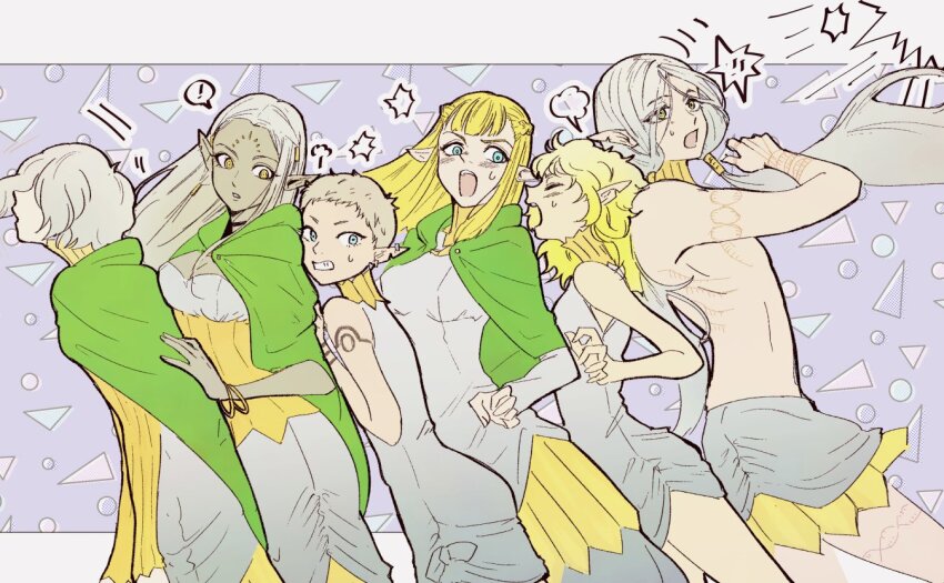 2boys 4girls arm_tattoo bare_shoulders blonde_hair blue_eyes choker cithis cloak dark-skinned_female dark_elf dark_skin dungeon_meshi elf facial_mark fleki forehead_mark gorget green_cloak green_eyes grey_hair hair_around_ear hood hooded_cloak ijymh jewelry long_hair long_sleeves low_twintails lycion medium_hair mithrun multiple_boys multiple_girls notched_ear open_mouth otta_(dungeon_meshi) pattadol pointy_ears queue sandwiched shirt short_hair smile sweatdrop tattoo topless_male tunic twintails very_short_hair yellow_eyes