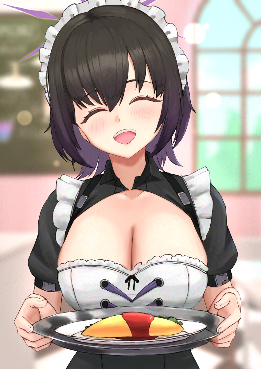 1girl absurdres black_dress black_hair blue_archive blurry blurry_background blush breasts buckle cleavage closed_eyes collarbone commentary_request day dress flambe_(tyoitohikkosi07) food gradient_hair hair_between_eyes halo highres holding holding_tray indoors large_breasts low_neckline maid maid_cafe maid_headdress multicolored_hair official_alternate_costume omelet omurice open_mouth puffy_short_sleeves puffy_sleeves purple_hair purple_halo short_hair short_sleeves sidelocks smile snap-fit_buckle solo standing subaru_(blue_archive) teeth tray two-tone_hair upper_body upper_teeth_only window