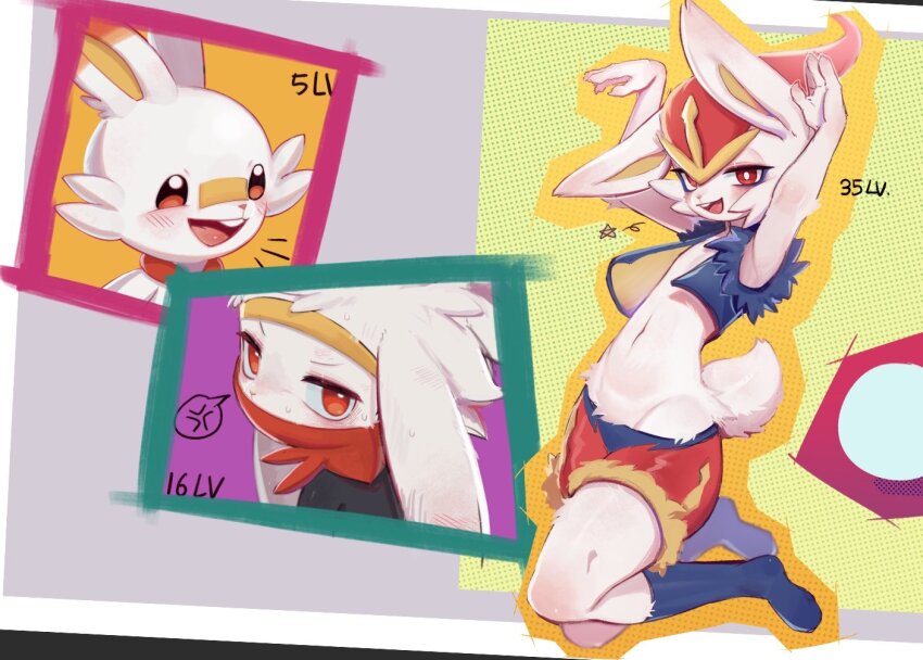 acorn_furry ambiguous_gender anger_vein animal_ears arms_up bandaid bandaid_on_face bandaid_on_nose blush body_fur bright_pupils buck_teeth cinderace commentary_request evolutionary_line furry gen_8_pokemon korean_commentary mask mouth_mask navel nintendo open_mouth pokemon pokemon_(creature) rabbit_ears rabbit_pose rabbit_tail raboot red_eyes scorbunny shorts socks spoken_anger_vein spoken_star star_(symbol) sweat tail teeth unfinished white_pupils