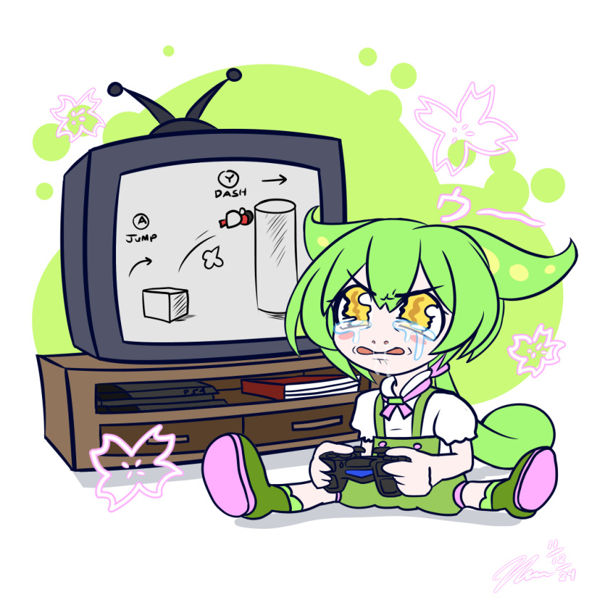 1girl book boots commentary_request controller crt crying crying_with_eyes_open cuphead cuphead_(game) failure full_body game_console game_controller green_boots green_hair green_shorts holding holding_controller holding_game_controller lazaruscross long_hair low_ponytail open_mouth pea_pod playing_games playstation_4 ponytail shirt shorts snot solo suspenders tears television v-shaped_eyebrows voiceroid voicevox white_background white_shirt yellow_eyes zundamon