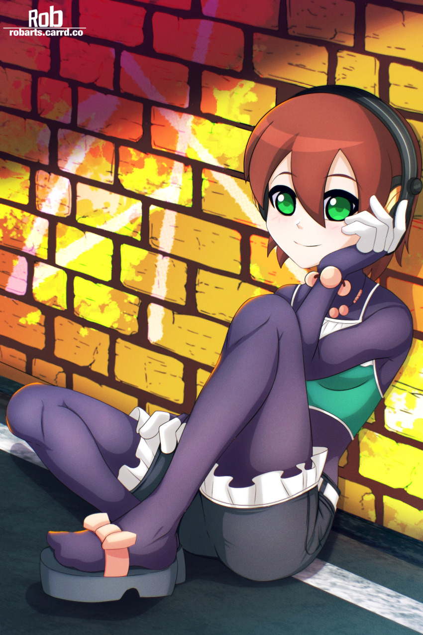 1girl absurdres aile_(mega_man_zx) black_bodysuit black_sandals black_shorts blush bodysuit breasts brown_hair camisole casual closed_mouth commentary full_body green_camisole green_eyes hair_between_eyes headphones highres looking_at_viewer mega_man_(series) mega_man_zx official_alternate_costume rob_(robarts) sandals shadow short_hair shorts sidelocks sitting small_breasts smile solo