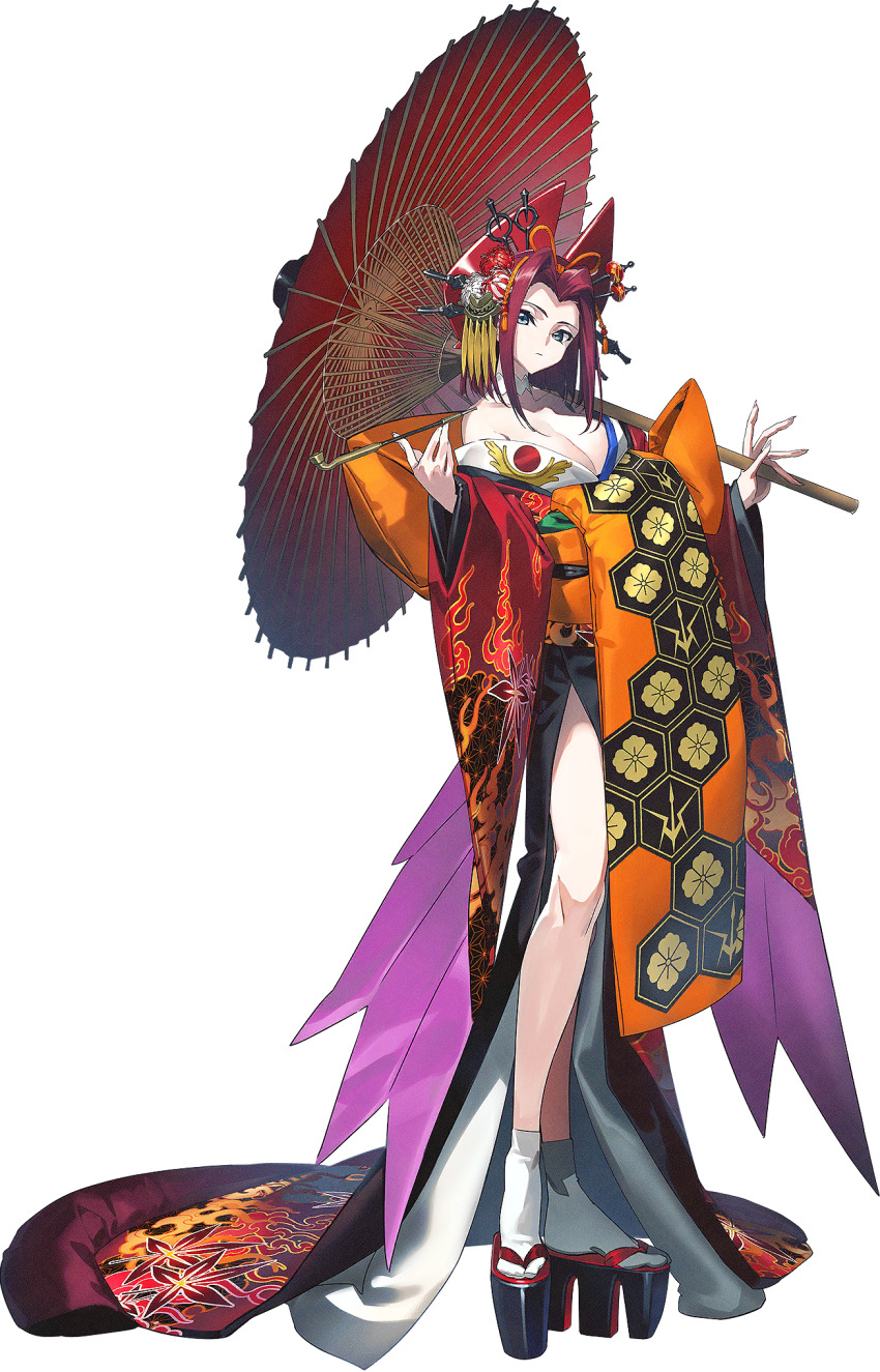 1girl bare_shoulders blue_eyes blush breasts cleavage code_geass code_geass:_genesic_re;code floral_print full_body hand_fan highres holding holding_umbrella japanese_clothes kimono kouzuki_kallen large_breasts looking_at_viewer official_art oil-paper_umbrella platform_clogs red_hair sash short_hair simple_background solo standing transparent_background umbrella wide_sleeves