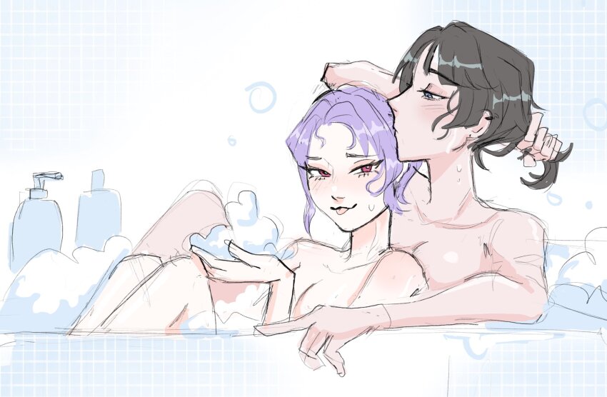2girls bang_dream! bang_dream!_it's_mygo!!!!! bath bathtub black_hair blue_eyes breasts closed_mouth commentary hand_in_own_hair hashtag-only_commentary highres kryakw medium_breasts multiple_girls pink_eyes purple_hair same-sex_bathing shampoo_bottle shared_bathing short_hair soap_bubbles tongue tongue_out wet yahata_umiri yuri yuutenji_nyamu