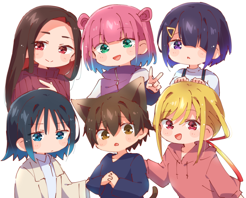 1boy 5girls animal_ears black_hair blonde_hair blue_eyes blue_hair blue_shirt brown_eyes brown_hair cat_boy cat_ears cat_tail closed_mouth colored_inner_hair commentary_request deformed gradient_hair green_eyes hair_ornament hairclip highres hongou_miyuki hood hoodie jacket kemonomimi_mode kitahara_aoba kotesashi_kouyou kusunoki_aroma long_hair looking_at_viewer multicolored_hair multiple_girls nyaa_(nnekoron) open_mouth own_hands_together parted_lips pink_hair pink_hoodie purple_eyes purple_hair purple_jacket red_eyes red_hair red_sweater sawaranaide_kotesashi-kun sayamagaoka_chiyo shirt short_hair simple_background smile sumiyoshi_izumi sweater tail v white_background