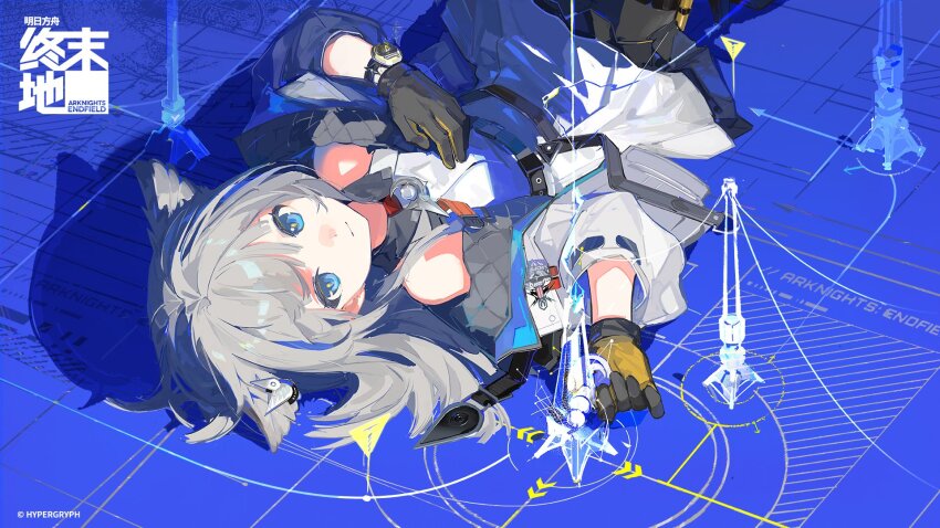 1girl arknights arknights:_endfield bare_shoulders bird_girl black_gloves blue_background blue_eyes coat commentary_request gloves grey_hair head_wings highres irple logo long_hair looking_at_viewer lying multicolored_gloves off_shoulder official_art open_clothes open_coat perlica_(arknights) sidelocks solo two-tone_gloves white_coat wings yellow_gloves