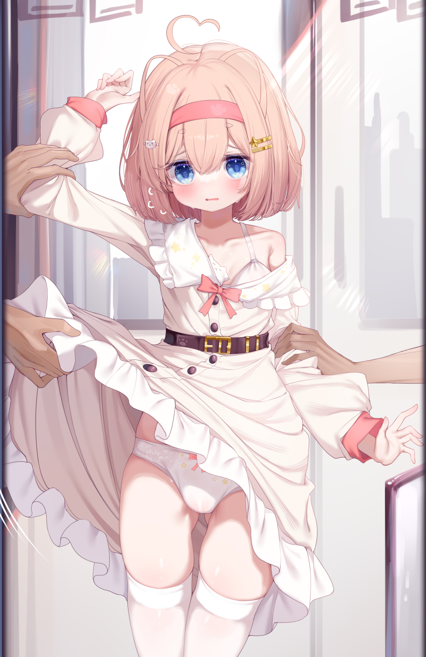 1girl 3boys absurdres ahoge arm_up assisted_exposure belt black_belt blue_eyes blush bow bow_panties bra breasts brown_hair clothes_lift clothes_pull collarbone commentary cowboy_shot dress dress_lift dress_pull flying_sweatdrops gluteal_fold hair_ornament hairband hairclip heart heart_ahoge highres lifting_another's_clothes long_sleeves looking_at_viewer micho_(ryty2833) multiple_boys open_mouth original panties parallel_hairclips puffy_long_sleeves puffy_sleeves pulling_another's_clothes red_hairband short_hair single_bare_shoulder small_breasts solo_focus thick_eyebrows thighhighs train_interior underwear white_bra white_dress white_panties white_thighhighs