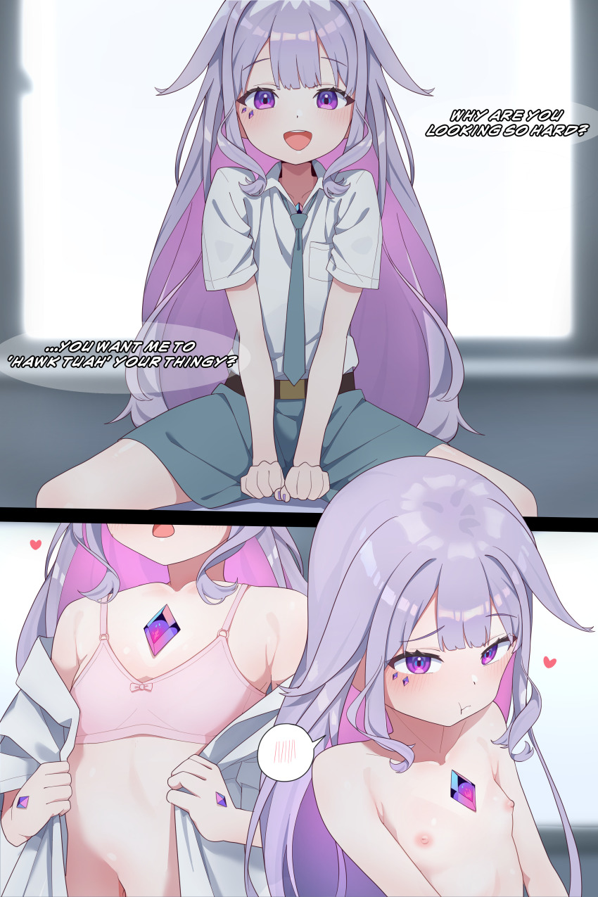 1girl absurdres alternate_costume blush bra breasts chest_jewel colored_inner_hair english_text female_focus hair_flaps heart highres hololive hololive_english jewel_under_eye koseki_bijou loli long_hair looking_at_viewer multicolored_hair necktie nipples onion_(tamanegi) open_mouth pout purple_eyes purple_hair school_uniform sequential shirt sitting skirt small_breasts smile solo spoken_blush thai_school_uniform underwear undressing very_long_hair virtual_youtuber white_shirt