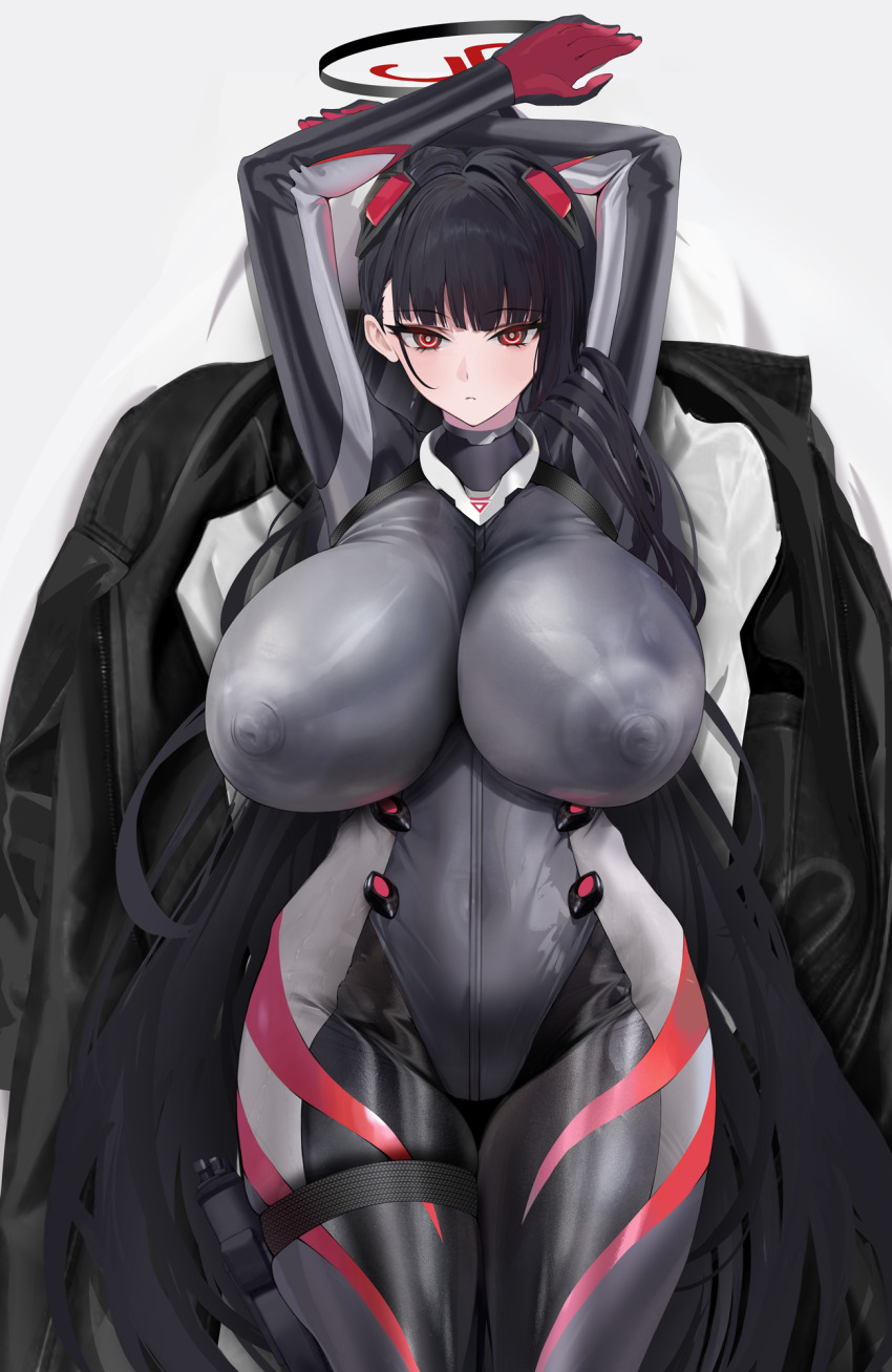 1girl arms_up black_bodysuit black_hair blue_archive blush bodysuit breasts bright_pupils closed_mouth commentary_request covered_erect_nipples curvy halo highres huge_breasts long_hair looking_at_viewer lying official_alternate_costume on_back red_eyes rio_(blue_archive) rio_(bodysuit)_(blue_archive) solo white_pupils wide_hips xiujia_yihuizi