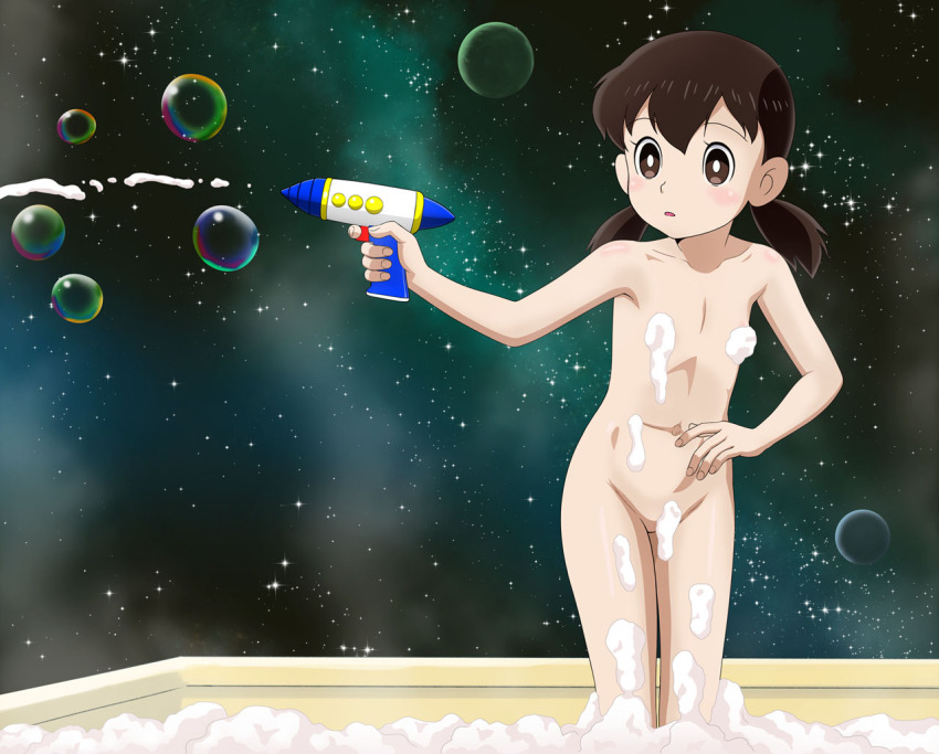 1girl blush brown_eyes brown_hair bubble completely_nude convenient_censoring cowboy_shot doraemon energy_gun female_focus flat_chest holding loli minamoto_shizuka nude parted_lips pussy pussy_peek ray_gun short_hair short_twintails soap_bubbles soap_censor solo space thighs tooo twintails weapon