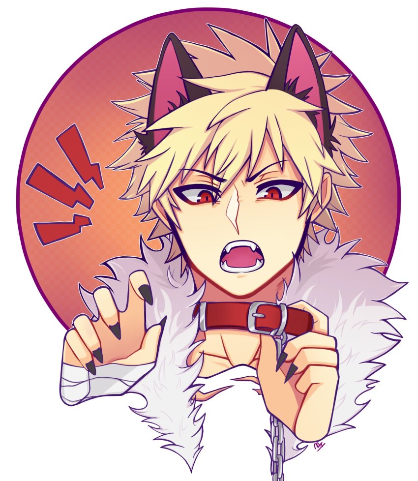 1boy animal_ear_fluff animal_ears arms_up bakugou_katsuki belt_collar black_nails blonde_hair boku_no_hero_academia chain collar commentary english_commentary fangs fingernails fur_trim highres kemonomimi_mode male_focus official_alternate_costume open_mouth red_collar red_eyes sharp_fingernails slit_pupils solo spiked_hair teeth white_background white_fur wolf_boy wolf_ears xestria