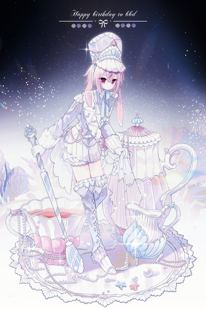 1boy absurdres alternate_costume animal_ears ansel_(arknights) arknights baoshi_xiao_niao black_background boots cape coat commentary cup frown gloves gradient_background hair_between_eyes happy_birthday hat highres holding holding_spoon holding_unworn_cape holding_unworn_clothes knee_boots looking_at_viewer lop_rabbit_ears male_focus oversized_object oversized_spoon pink_hair rabbit_ears red_eyes saucer solo spoon string_of_pearls symbol-only_commentary teacup teapot tray unworn_cape white_background white_boots white_coat white_gloves white_hat
