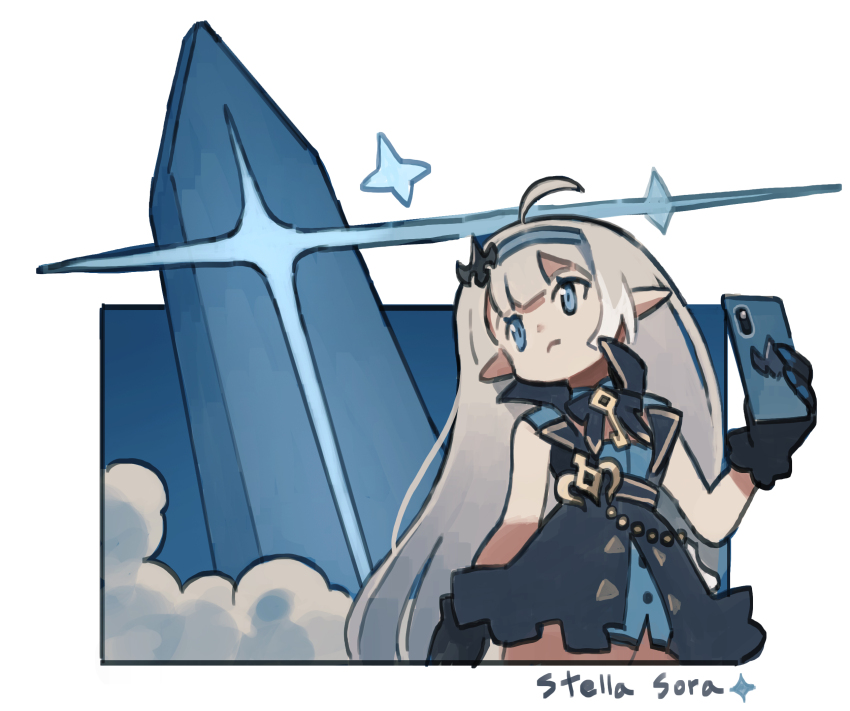 1girl ahoge black_gloves blue_eyes blue_hairband blue_sky cloud commentary_request copyright_name dress expressionless female_tyrant_(stella_sora) gloves grey_hair hairband highres holding holding_phone korean_commentary long_hair monolith_(stella_sora) phone pointy_ears sky solo stella_sora tyrant_(stella_sora) whitebear