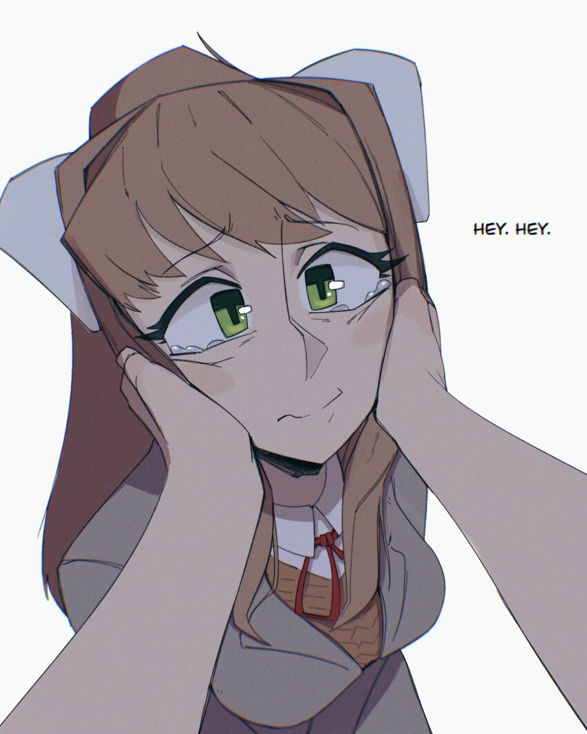 1girl bow breasts brown_hair closed_mouth doki_doki_literature_club doki_doki_literature_club_school_uniform green_eyes grey_jacket hair_bow highres jacket long_hair looking_at_viewer medium_breasts monika_(doki_doki_literature_club) neck_ribbon out_of_frame raised_inner_eyebrows red_ribbon ribbon sad school_uniform shibansfw sidelocks simple_background solo_focus swept_bangs tearing_up upper_body white_background white_bow