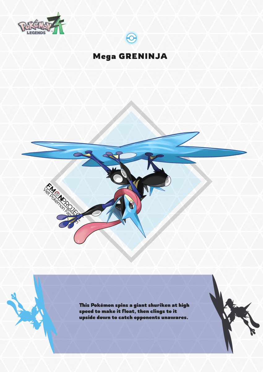 1other absurdres blawn_z commentary english_commentary english_text frog gen_6_pokemon greninja highres long_tongue mega_greninja mega_pokemon ninja nintendo official_style pink_eyes poke_ball pokemon pokemon_(creature) pokemon_focus pokemon_legends:_z-a red_eyes shuriken standing_on_weapon tongue tongue_scarf upside-down very_long_tongue water weapon webbed_feet