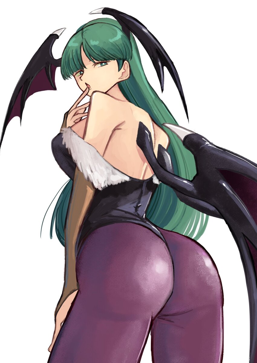 1girl bare_shoulders bat_wings black_leotard breasts bridal_gauntlets darkstalkers demon_girl fur-trimmed_leotard fur_trim green_eyes green_hair head_wings highleg highleg_leotard highres large_breasts leotard long_hair morrigan_aensland off-shoulder_leotard pantyhose purple_pantyhose purple_wings tikuwabu_33 wings