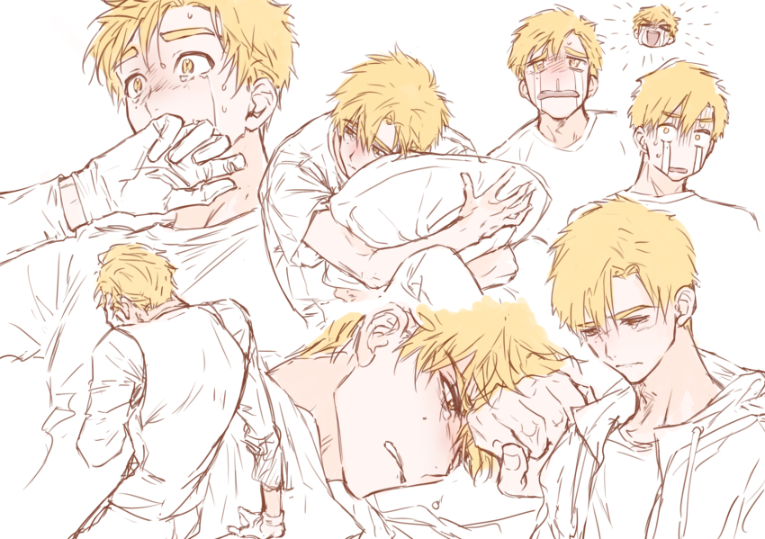 1boy akeuraji_tsukasa biting blonde_hair blush chibi chibi_inset collage covering_own_mouth crying crying_with_eyes_open gloves haoriday highres holding hood hoodie hugging_object limited_palette male_focus medalist_(manga) multiple_expressions multiple_views open_clothes open_mouth pillow pillow_hug sad shirt short_hair simple_background streaming_tears sweatdrop tearing_up tears teeth upper_body white_background white_gloves white_shirt yellow_eyes