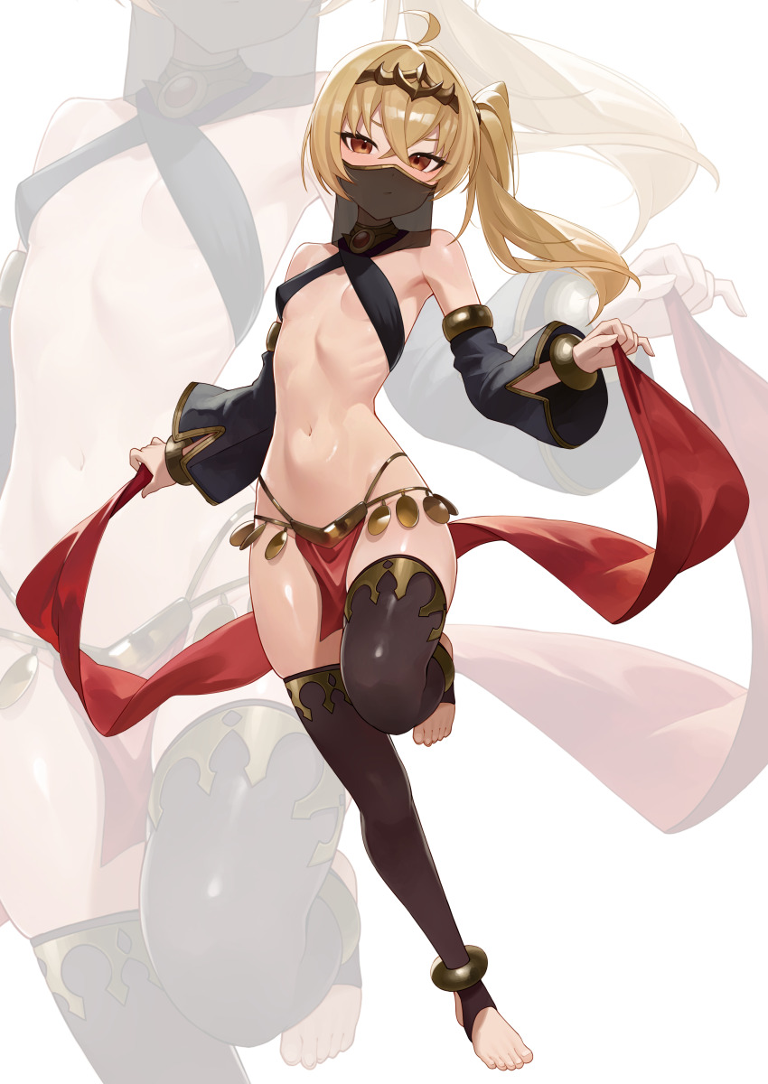 1girl absurdres ahoge alternate_costume anklet bare_shoulders belly_dancer black_sleeves black_thighhighs black_veil blonde_hair bracelet breasts brown_eyes closed_mouth crossed_bangs dancer dancing detached_sleeves dot_nose face_veil feet hands_up highres jewelry loli long_hair looking_at_viewer luciana_de_montefio navel side_ponytail skindentation small_breasts solo standing standing_on_one_leg stirrup_legwear stomach thighhighs thighs toeless_legwear toenails toes toned_stomach underboob veil very_long_hair weimiaw wide_sleeves zenless_zone_zero zettai_ryouiki zoom_layer