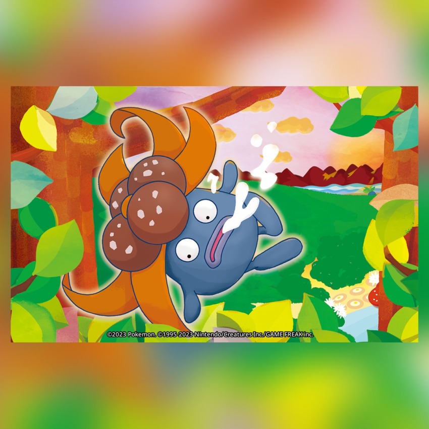 cloud commentary company_name copyright_name copyright_notice drooling english_commentary falling full_body gloom_(pokemon) leaf lips mountainous_horizon nintendo no_humans official_art outline pokemon pokemon_(creature) pokemon_focus pokemon_tcg sky solo third-party_source tree umemoto_kyouko water white_outline