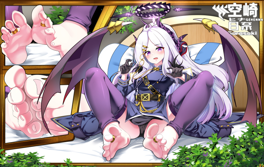 1girl absurdres barefoot blue_archive blush demon_wings feet highres hina_(blue_archive) jewelry jungui loli long_hair looking_at_viewer open_mouth panties pantyshot purple_eyes soles toe_ring toes underwear white_hair wings