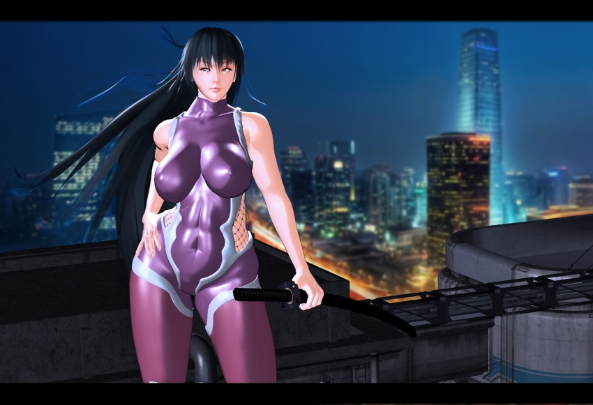 1girl bad_tag bare_shoulders black_hair bodysuit breasts city cityscape covered_erect_nipples covered_navel fishnets hand_on_own_hip holding holding_sword holding_weapon impossible_clothes katana kill_the_king large_breasts letterboxed long_hair looking_at_viewer night night_sky ninja outdoors purple_bodysuit sheath sheathed skin_tight sky solo standing sword weapon