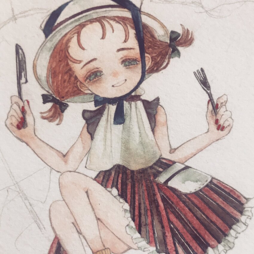 1girl acrylic_paint_(medium) apron blush bow commentary_request dress feet_out_of_frame fork green_eyes hair_bow hat highres holding holding_fork holding_knife karintoun knife looking_at_viewer nail_polish original painting_(medium) parted_lips red_hair red_nails ribbon short_hair sidelocks simple_background sitting smile traditional_media twintails watercolor_(medium)