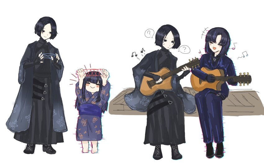 1boy 1girl ? absurdres aged_up araya_(project_moon) arms_up audible_music black_eyes black_hair blue_kimono blue_suit blunt_ends blush boots closed_eyes commentary_request fingerless_gloves formal_clothes glitch gloves guitar hakama highres holding_yarn instrument japanese_clothes kimono laughing limbus_company multicolored_hair music parted_bangs playing_guitar playing_instrument project_moon ren_(project_moon) short_hair sibajirou_jirou sitting smile sound streaked_hair string suit turtleneck yarn