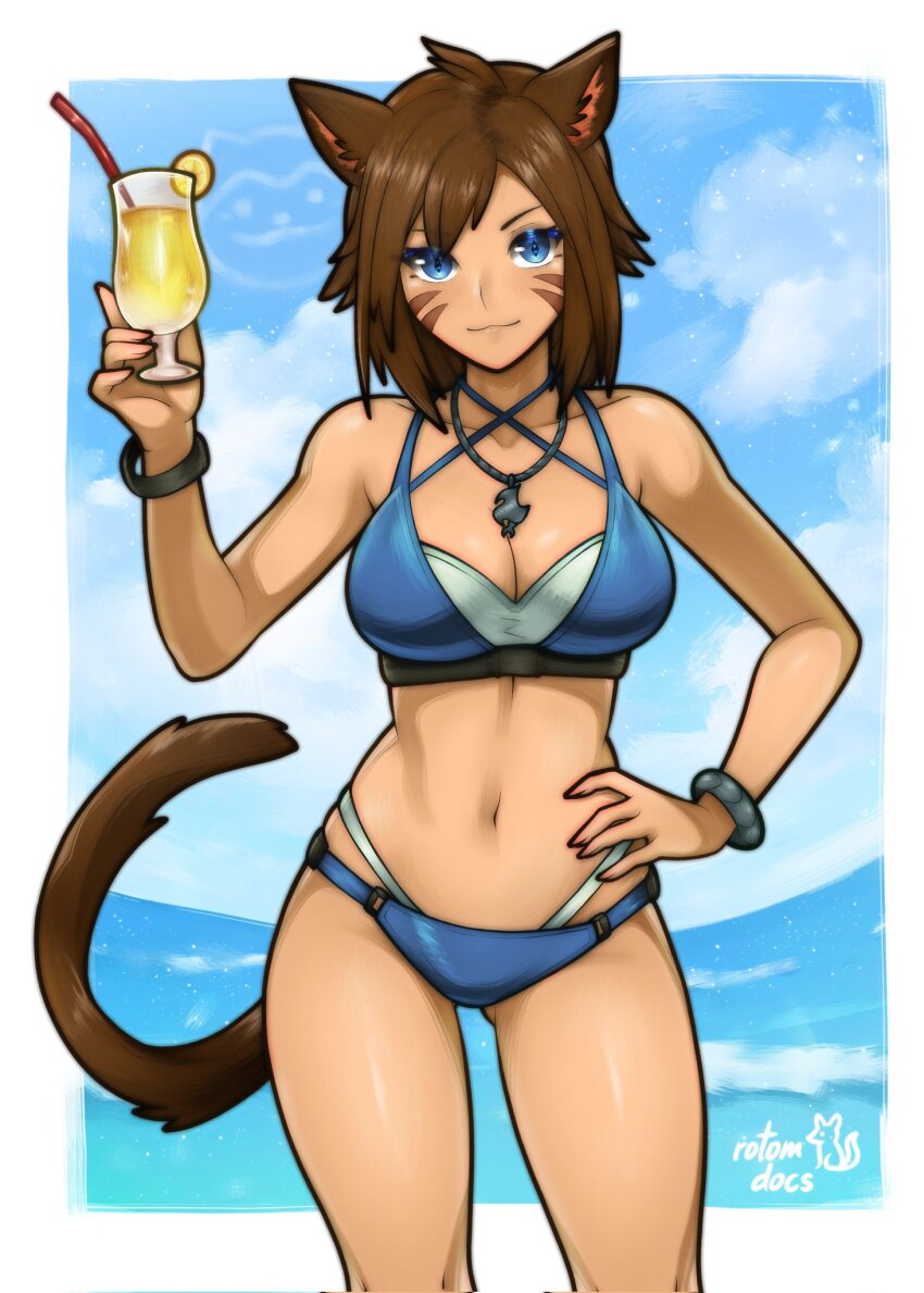 1girl :3 animal_ears artist_name bare_arms bare_shoulders bikini blue_bikini blue_eyes blue_sky bracelet breasts brown_hair cat_ears cat_girl cat_tail cleavage cloud commentary commission cowboy_shot drink english_commentary hand_on_own_hip highres holding holding_drink jewelry ko-fi_commission large_breasts navel necklace ocean original rotomdocs signature sky solo standing stomach swimsuit tail