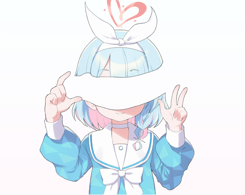 1boy 1girl absurdres arona_(blue_archive) blue_archive blue_hair blue_shirt bow bow_hairband colored_inner_hair commentary english_commentary facing_viewer hair_bow hairband halo heart heart_halo hetero highres loli long_sleeves multicolored_hair penis_on_face penis_over_eyes pink_hair puffy_long_sleeves puffy_sleeves qkracho_(thesdroz) red_halo sailor_collar sailor_shirt shirt short_hair simple_background smile two-tone_hair upper_body w white_background white_hairband white_sailor_collar