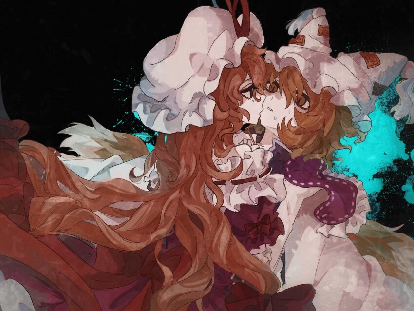 2girls after_kiss animal_ears bare_shoulders black_background blonde_hair bow brown_eyes cowboy_shot dress ear_covers elbowing eye_contact face-to-face fox_ears fox_girl fox_tail frilled_dress frilled_headwear frilled_sleeves frills from_behind gloves hair_between_eyes hair_bow hands_on_another's_shoulders hat hat_ribbon hat_tassel highres long_hair long_sleeves looking_at_another mob_cap multiple_girls multiple_hair_bows nervous nervous_sweating off-shoulder_dress off_shoulder ofuda ofuda_on_clothes paint_splatter pale_skin parted_lips puffy_short_sleeves puffy_sleeves purple_dress purple_tabard red_bow red_ribbon ribbon ribbon-trimmed_dress ribbon_trim shindiyue short_hair short_sleeves sleeve_bow slit_pupils sweat tabard tail touhou very_long_hair white_dress white_gloves white_hat yakumo_ran yakumo_yukari yuri