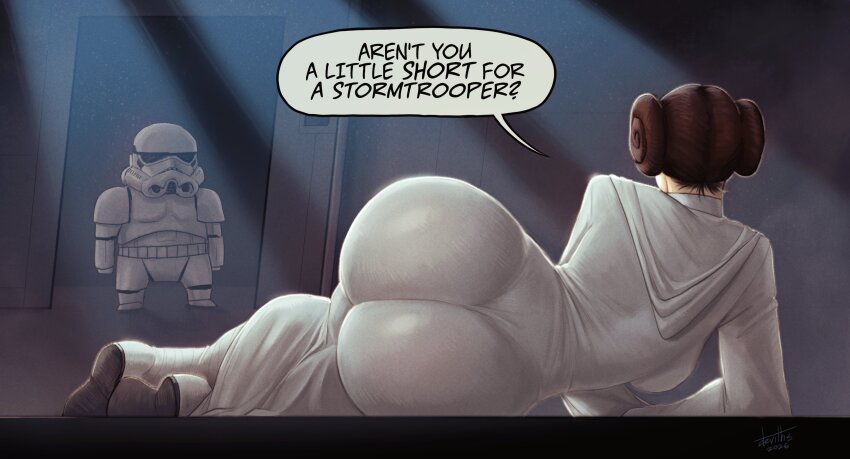 1boy 1girl armor ass ass_focus boots brown_hair devilhs donut_hair_bun double_bun dress english_text galactic_empire_(star_wars) hair_bun hashtag-only_commentary helmet highres huge_ass luke_skywalker lying on_side princess_leia science_fiction speech_bubble star_wars star_wars:_a_new_hope stormtrooper white_dress