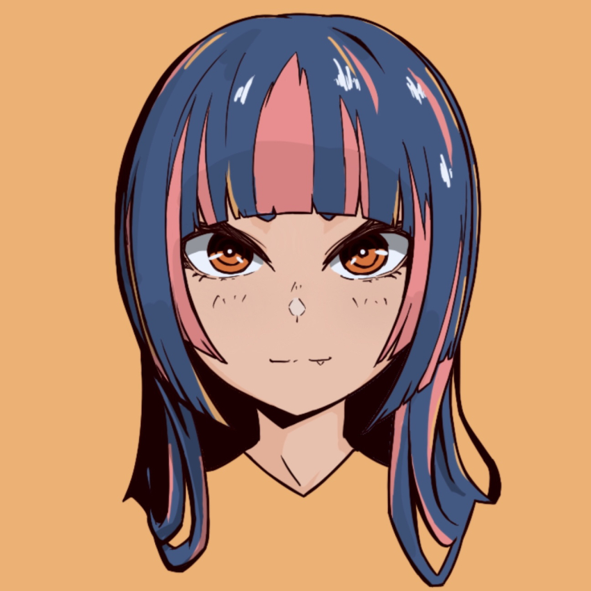1girl blue_hair blunt_bangs fang highres long_hair looking_at_viewer multicolored_hair orange_background original pink_hair portrait post_(shake_shakepost) red_eyes retro_artstyle shark_kuma-chan_(shake_shakepost) simple_background two-tone_hair