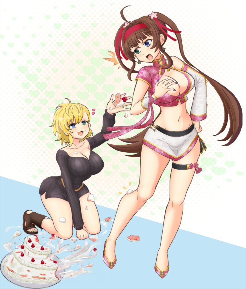 ahoge alternate_costume arm_support birthday_cake black_ribbon black_sweater blonde_hair blue_eyes blunt_bangs blush breasts brown_hair cake china_dress chinese_clothes cleavage crop_top detached_sleeves dress flower food food_on_body fruit green_eyes hair_flower hair_ornament hairband hand_on_own_chest hand_on_own_hip heart heart_background heterochromia highres kneeling large_breasts long_hair midriff navel open_mouth pink_ribbon red_hairband red_ribbon ribbon ryoubi_(senran_kagura) ryouna_(senran_kagura) senran_kagura senran_kagura_shinovi_versus siblings sidelocks single_detached_sleeve sisters skirt strawberry surprised sweater sweater_dress thigh_strap throwing throwing_food twintails white_skirt yui_(jisatsu)