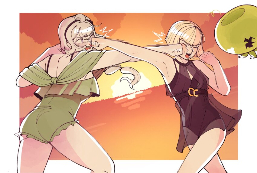 2girls angry black_hairband blonde_hair blood border braid closed_eyes commentary english_commentary fighting grey_hair hairband highres kirifuji_nozomi long_hair looking_at_another mask multiple_girls nosebleed novemblem one-piece_swimsuit one_eye_closed oosuzuki_kurara outside_border punching purple_eyes saliva scene_reference short_hair sunset swimsuit the_hundred_line_-last_defense_academy- unworn_mask white_border