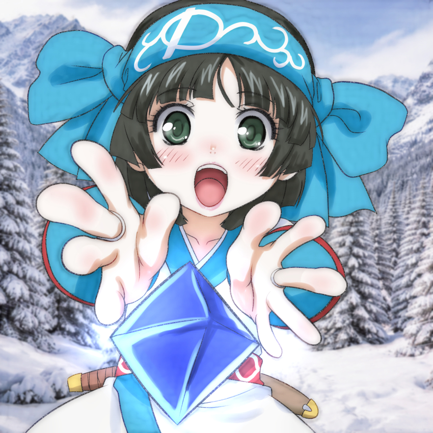 1girl ainu_clothes black_hair blue_gemstone blush cloud collarbone gem green_eyes headband japanese_clothes jewelry kimono long_sleeves looking_at_viewer mountain nakoruru obi open_mouth reaching reaching_towards_viewer ring samurai_spirits sash sheath short_hair sky smile snk snow standing t_jiroo_(ringofriend) teeth the_king_of_fighters tree upper_body white_kimono winter