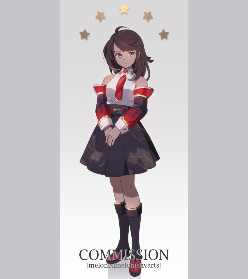 1girl 2022 artist_name bare_legs black_boots black_skirt boots border breasts brown_eyes brown_hair collared_shirt commentary commission cuffs dark-skinned_female dark_skin detached_sleeves english_commentary female_focus gradient_background grey_border light_smile looking_at_viewer medium_breasts medium_hair meloni_shvarts necktie original own_hands_together red_necktie red_sleeves red_trim shirt simple_background skirt solo standing star_(symbol) white_background