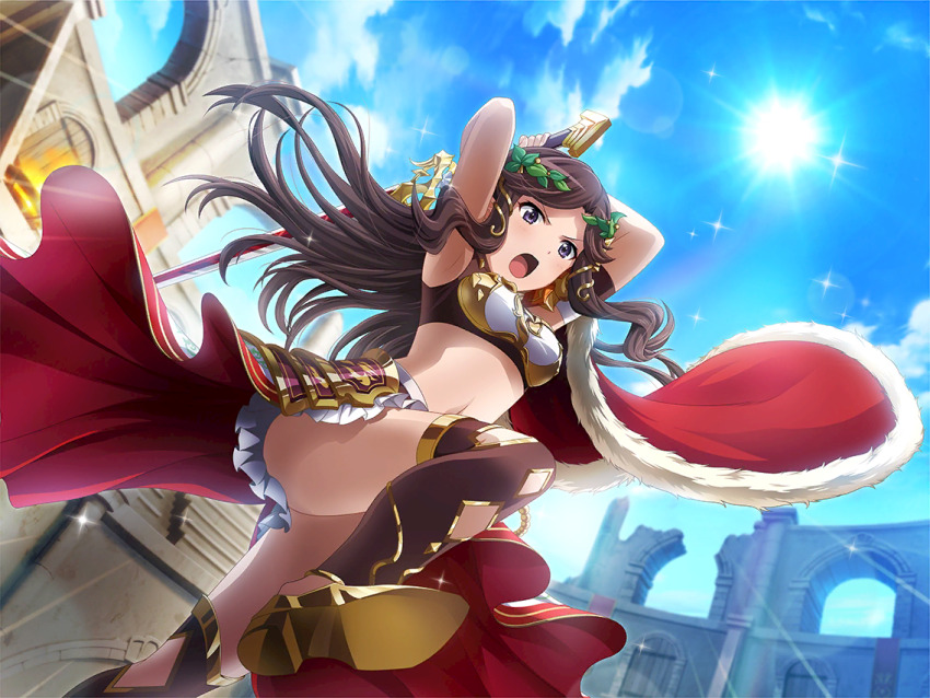 1girl armor bad_anatomy blue_sky breasts brown_hair cape cosplay day dutch_angle from_below fur-trimmed_cape fur_trim game_cg greek_mythology head_wreath heracles_(mythology) heracles_(mythology)_(cosplay) holding holding_sword holding_weapon incoming_attack long_hair looking_at_viewer medium_breasts navel official_art open_mouth purple_eyes red_cape shoes shoujo_kageki_revue_starlight shoujo_kageki_revue_starlight_-re_live- showgirl_skirt sidelocks skirt sky solo standing standing_on_one_leg stomach sun sword tendou_maya two-handed weapon white_skirt