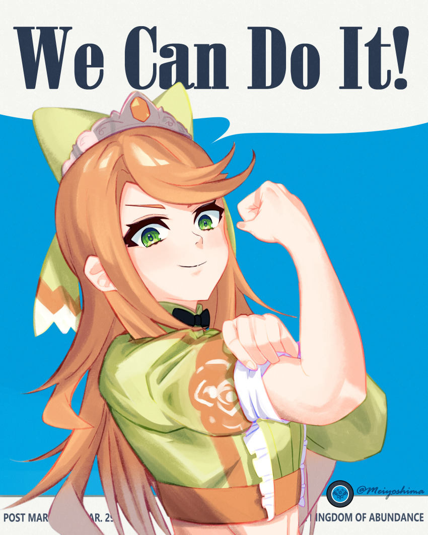 1girl absurdres black_bow black_bowtie bow bowtie crop_top etie_(fire_emblem) fire_emblem fire_emblem_engage gem green_bow green_eyes green_shirt highres meiyoshima nintendo orange_gem orange_hair shirt swept_bangs tiara we_can_do_it!