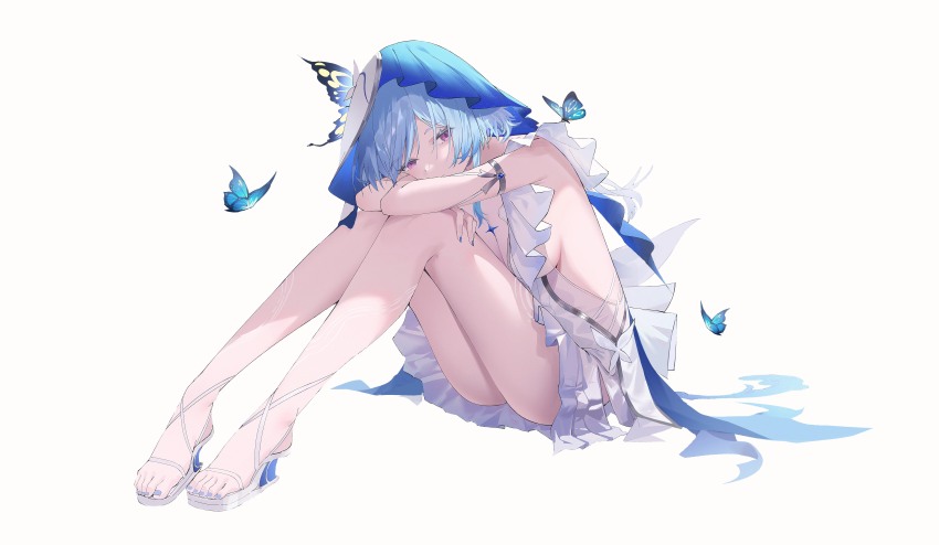 1girl absurdres armlet bare_legs bare_shoulders blue_butterfly blue_hair blue_nails blue_veil breasts bug butterfly chinese_commentary colored_eyelashes commentary_request dress fingernails full_body hair_between_eyes hair_ornament heel-less_heels high_heel_sandals highres insect jewelry knees_up kyky_(-kyky) legs long_hair looking_at_viewer medium_breasts nail_polish purple_eyes sandals shorekeeper_(wuthering_waves) sideboob simple_background sitting sleeveless sleeveless_dress solo thighs toenail_polish toenails toes two-tone_veil veil white_background white_dress white_veil wuthering_waves