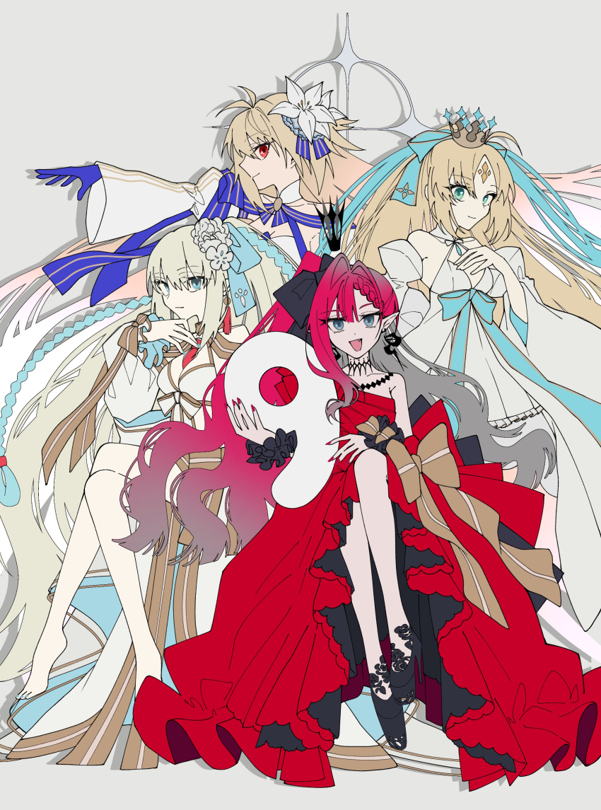 4girls absurdres ahoge archetype_earth archetype_earth_(third_ascension) arcueid_brunestud artoria_caster_(fate) artoria_pendragon_(fate) baobhan_sith_(exhibition_attire)_(fate) baobhan_sith_(fate) baobhan_sith_(swimsuit_pretender)_(third_ascension)_(fate) bare_shoulders barefoot bikini blonde_hair blue_eyes blue_gloves blue_hair blue_ribbon bow braid breasts choker cleavage commentary_request crown detached_collar detached_sleeves dress earrings facial_mark fate/grand_order fate_(series) flower forehead_mark gloves gold_trim green_eyes grey_eyes hair_bow hair_flower hair_ornament hair_ribbon highres jewelry large_breasts long_hair long_skirt long_sleeves looking_at_viewer morgan_le_fay_(fate) morgan_le_fay_(water_princess)_(fate) multiple_girls necklace open_mouth pink_hair platform_heels pointy_ears ponytail puffy_long_sleeves puffy_sleeves red_dress red_eyes ribbon side_ponytail sidelocks skirt small_breasts smile swimsuit tokumori_ramen twin_braids twintails very_long_hair white_bikini white_dress white_hair white_skirt wrist_cuffs