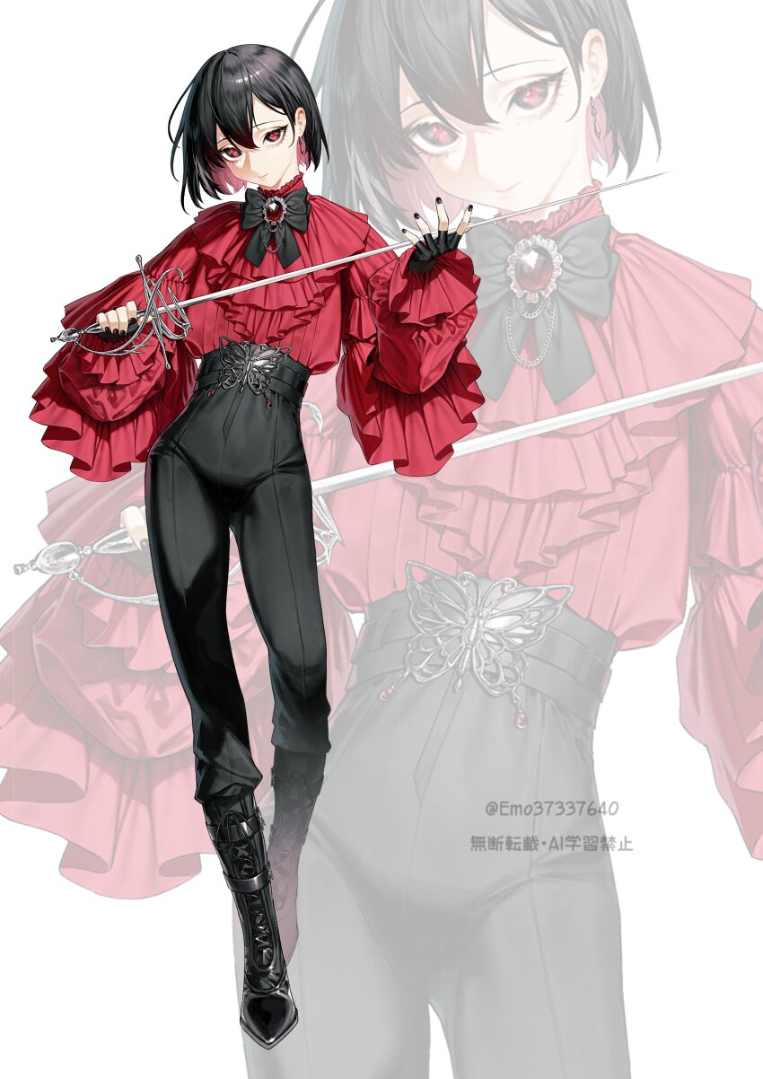 1girl absurdres black_boots black_bow black_bowtie black_gloves black_hair black_nails black_pants bob_cut boots bow bowtie butterfly_ornament colored_inner_hair earrings emo37337640 fingerless_gloves flat_chest frilled_shirt frilled_shirt_collar frills full_body gem gloves hair_between_eyes hashtag-only_commentary highres holding holding_sword holding_weapon jewelry knee_boots layered_shirt layered_sleeves looking_at_viewer multicolored_hair original ouji_fashion pants pink_hair puffy_sleeves rapier red_eyes red_gemstone red_shirt shirt short_hair smile solo standing sword twitter_username walking weapon