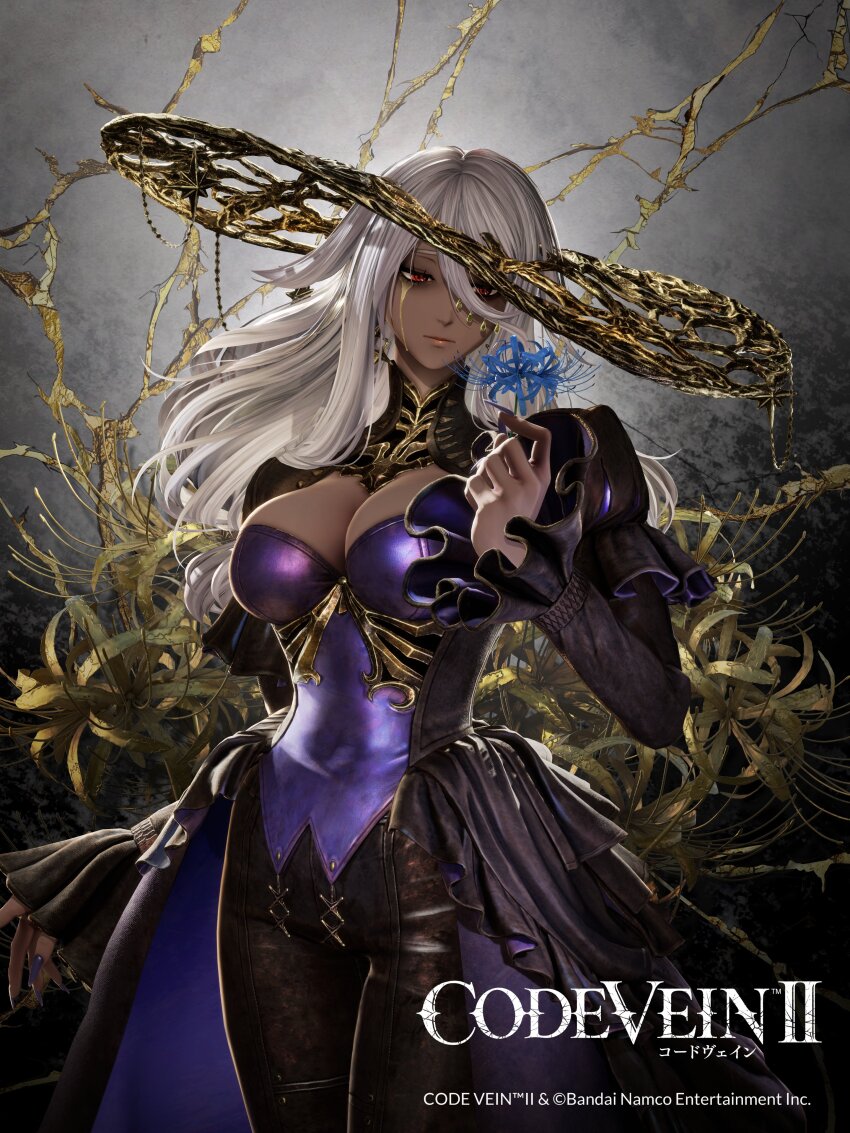 1girl 3d absurdres breasts cleavage code_vein code_vein_ii commentary_request dark-skinned_female dark_skin dress expressionless flower grey_hair halo highres holly_asturias large_breasts long_hair official_art red_eyes solo tears