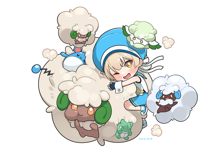1boy alternate_color blonde_hair blue_footwear blue_gloves blue_headwear blue_shorts blush cottonee fingerless_gloves gen_2_pokemon gen_5_pokemon gloves hat hug looking_at_viewer male_focus marill mubo nintendo one_eye_closed open_mouth original pokemon ribbon sailor_hat school_uniform serafuku sheep shiny_and_normal shiny_pokemon shirt shorts simple_background sleeveless smile substitute_(pokemon) trap whimsicott white_background white_ribbon white_shirt wrist_cuffs yellow_eyes yellow_ribbon