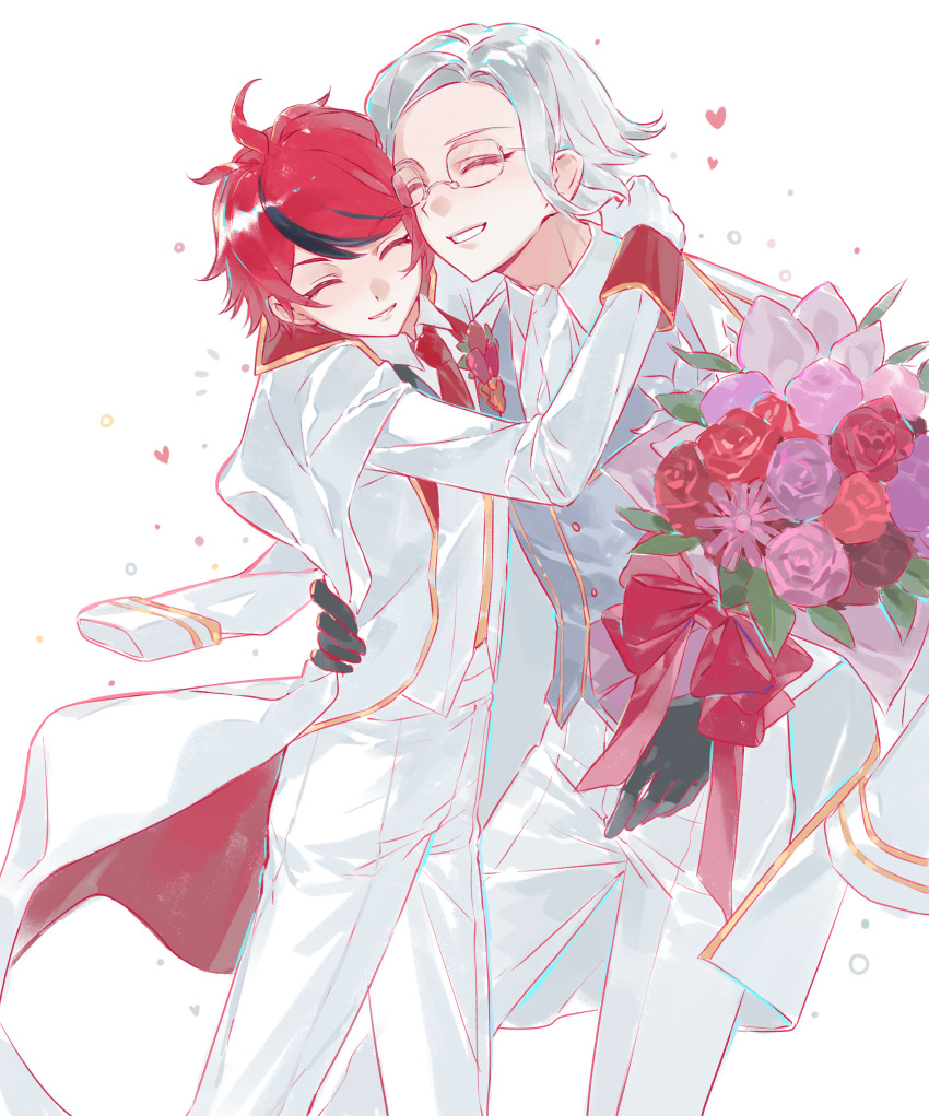 2boys absurdres ahoge aotsuki_eito ascot black_gloves black_hair bouquet bow buttons chi_bu92189 chinese_commentary closed_eyes coat commentary_request flower glasses gloves gold_trim grey_hair grey_vest grin hand_on_another's_shoulder hand_on_another's_waist heart highres holding holding_bouquet long_sleeves male_focus multicolored_hair multiple_boys necktie nose_pads official_alternate_costume pants pink_flower pink_rose purple_flower purple_rose red_bow red_flower red_hair red_necktie red_rose rimless_eyewear rose shirt short_hair simple_background smile streaked_hair sumino_takumi the_hundred_line_-last_defense_academy- two-tone_hair vest white_ascot white_background white_coat white_gloves white_pants white_shirt white_vest yaoi