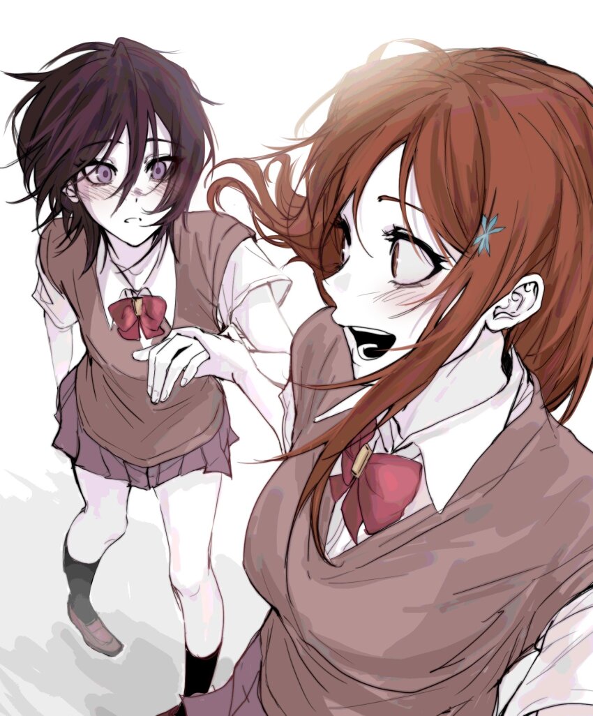 2girls black_hair bleach bow breasts brown_eyes closed_mouth grabbing_another's_hand hair_ornament hairclip highres inoue_orihime karakura_high_school_uniform knee_socks kuchiki_rukia light_blush long_hair medium_hair multiple_girls open_mouth orange_hair red_bow school_uniform shoes simple_background skirt small_breasts snowflake_hair_ornament white_background wonhae10054523