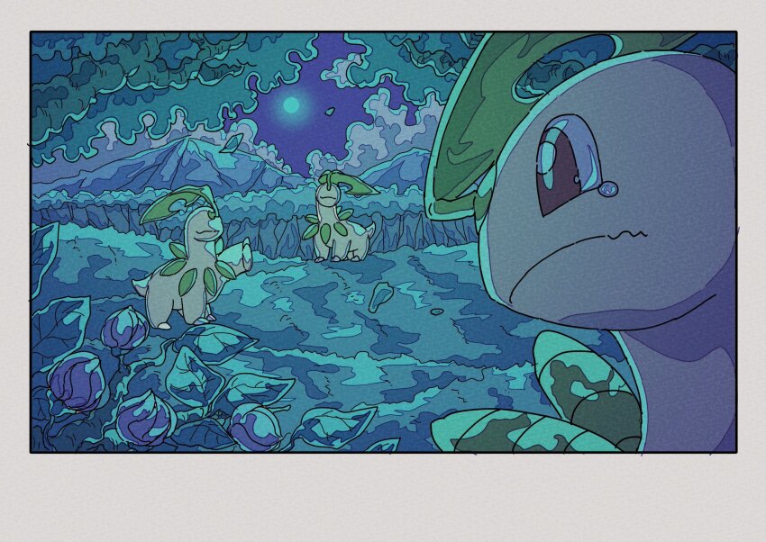 bayleef closed_mouth cloud commentary full_moon gen_2_pokemon highres leaf moon night nintendo no_humans onamuzi_illust outdoors pokemon pokemon_(creature) pokemon_focus red_eyes sky tearing_up tree